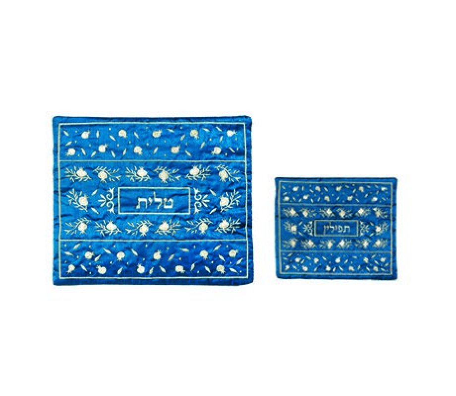 Yair Emanuel Blue Embroidered Tallit & Tefillin Bag Set - Cream Pomegranates