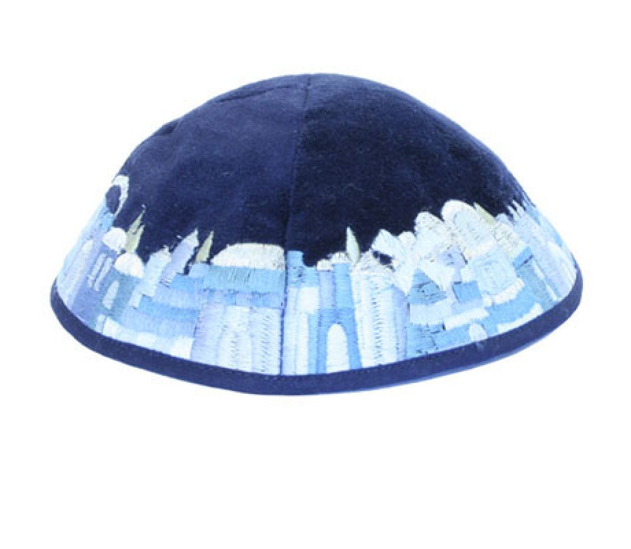 Yair Emanuel Blue Velvet Kippah, Embroidered Jerusalem Images - Shades of Blue