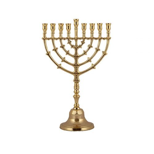 Yair Emanuel, Brass Gold Chanukah Menorah on Stem – Leaf Design