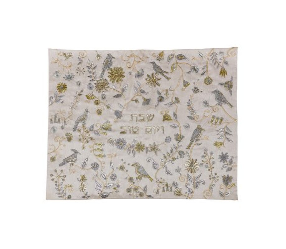 Yair Emanuel Challah Cover, Embroidered Birds and Flower - Silver and Gold