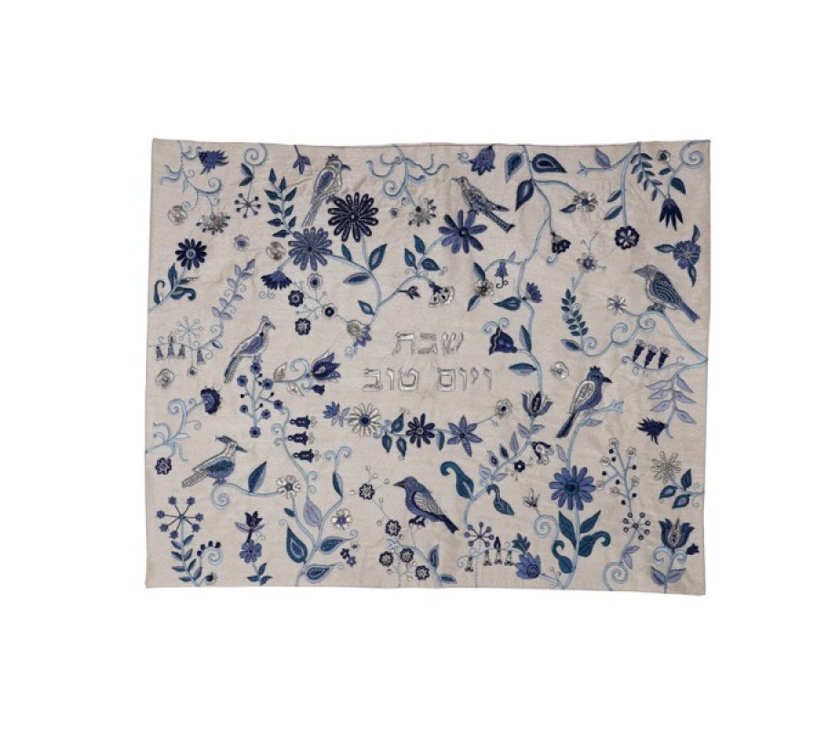 Yair Emanuel Challah Cover, Embroidered Flowers and Perched Birds – Blue