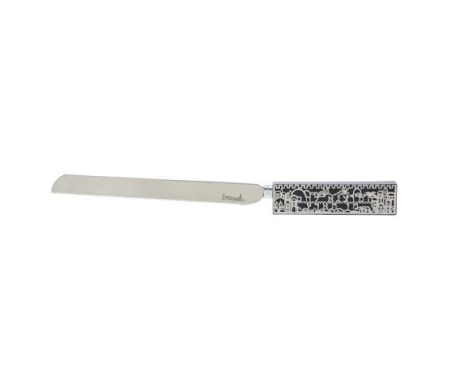Yair Emanuel Challah Knife, Jerusalem Cutout Design on Handle - Gray
