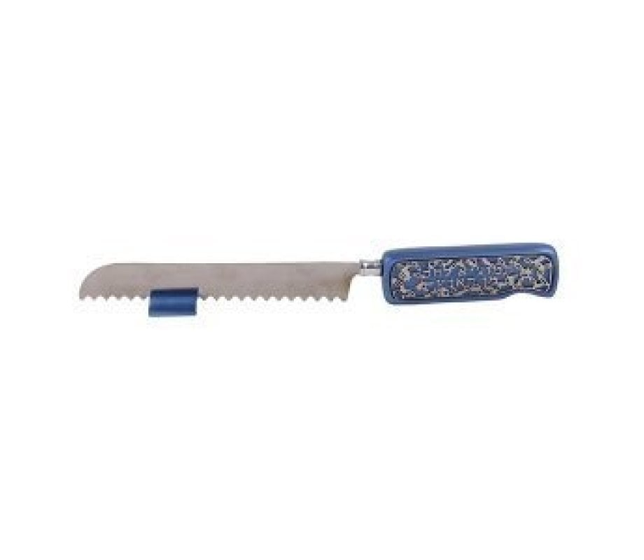 Yair Emanuel Challah Knife and Stand with Decorative Handle - Cutout in Blue