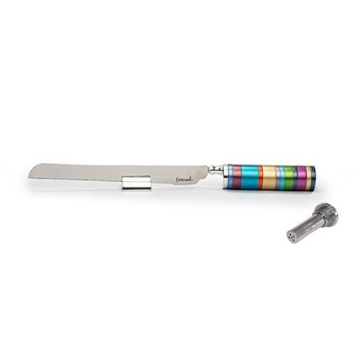 Yair Emanuel Challah Knife with Mini Salt Shaker and Stand - Colorful Bands