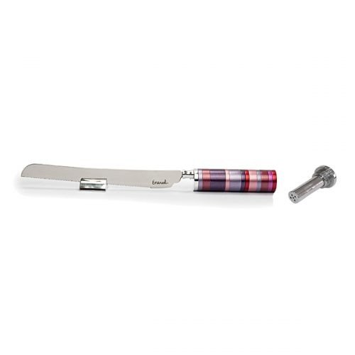 Yair Emanuel Challah Knife with Mini Salt Shaker and Stand - Maroon Shades Bands