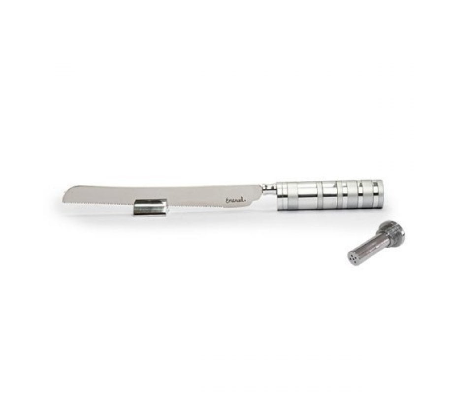 Yair Emanuel Challah Knife with Mini Salt Shaker and Stand - Silver Handle