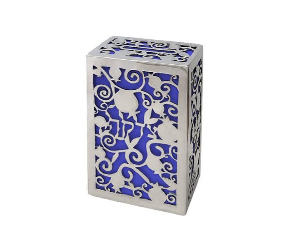 Yair Emanuel Charity Box, Cutout Pomegranates and Word Tzedakah – Silver and Blue