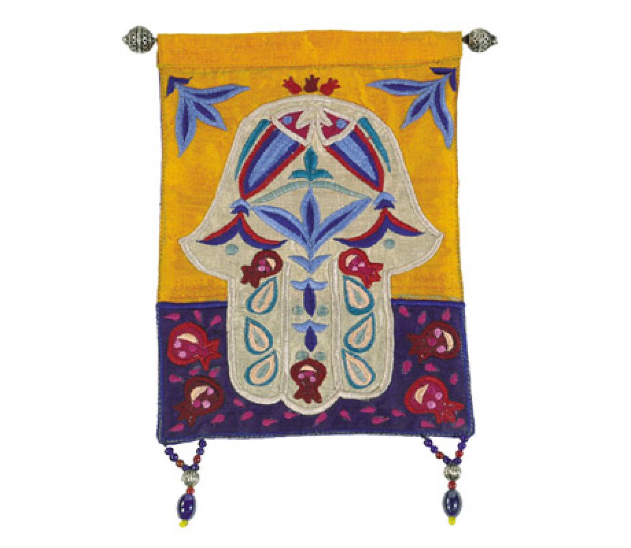 Yair Emanuel Colorful Hamsa Appliqued Silk Wall Hanging Fish Pomegranates Ajudaica Com