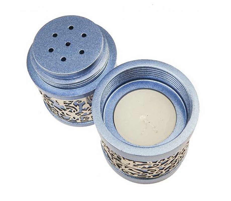 Yair Emanuel Compact Havdalah Spice Box & Candle Holder, Cutout Design - Blue