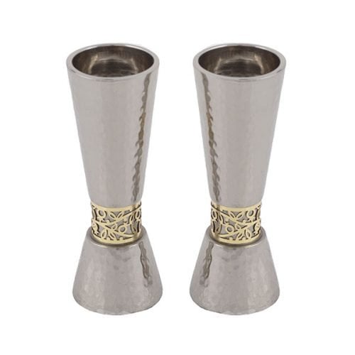 Yair Emanuel Cone Candlesticks with Gold Pomegranate Band - Hammered Silver