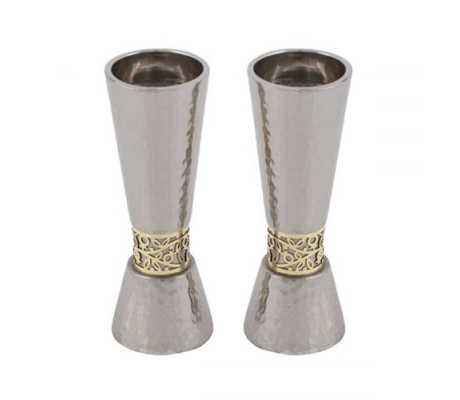 Yair Emanuel Cone Candlesticks with Gold Pomegranate Band - Hammered Silver