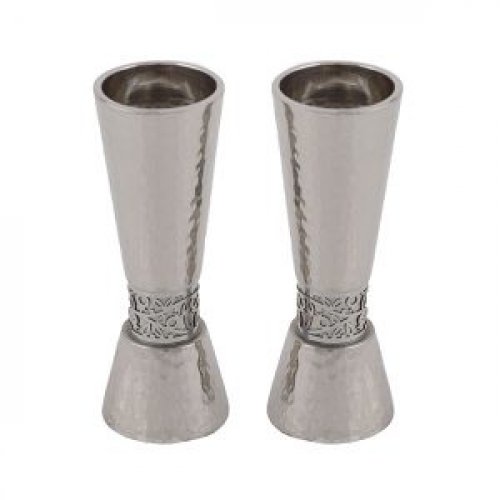Yair Emanuel Cone Candlesticks with Silver Pomegranate Band - Hammered Silver