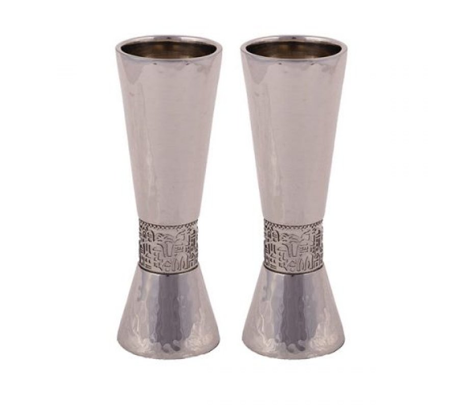 Yair Emanuel Cone Shape Candlestick with Silver Jerusalem Band - Hammered Silver