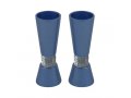 Yair Emanuel Cone Shaped Candlesticks with Silver Jerusalem Band - Blue