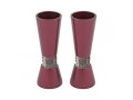 Yair Emanuel Cone Shaped Candlesticks with Silver Jerusalem Band - Maroon