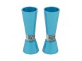 Yair Emanuel Cone Shaped Candlesticks with Silver Jerusalem Band - Turquoise