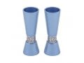 Yair Emanuel Cone Shaped Candlesticks with Silver Pomegranate Band - Blue