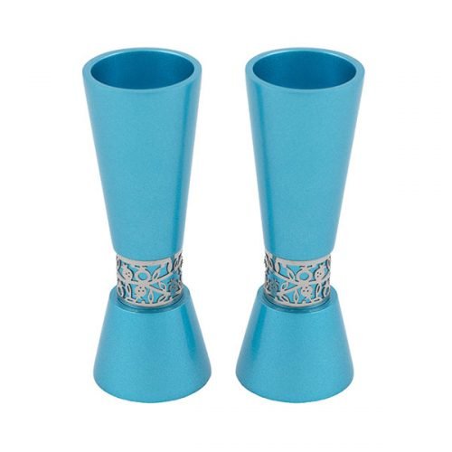 Yair Emanuel Cone Shaped Candlesticks with Silver Pomegranate Band - Teal