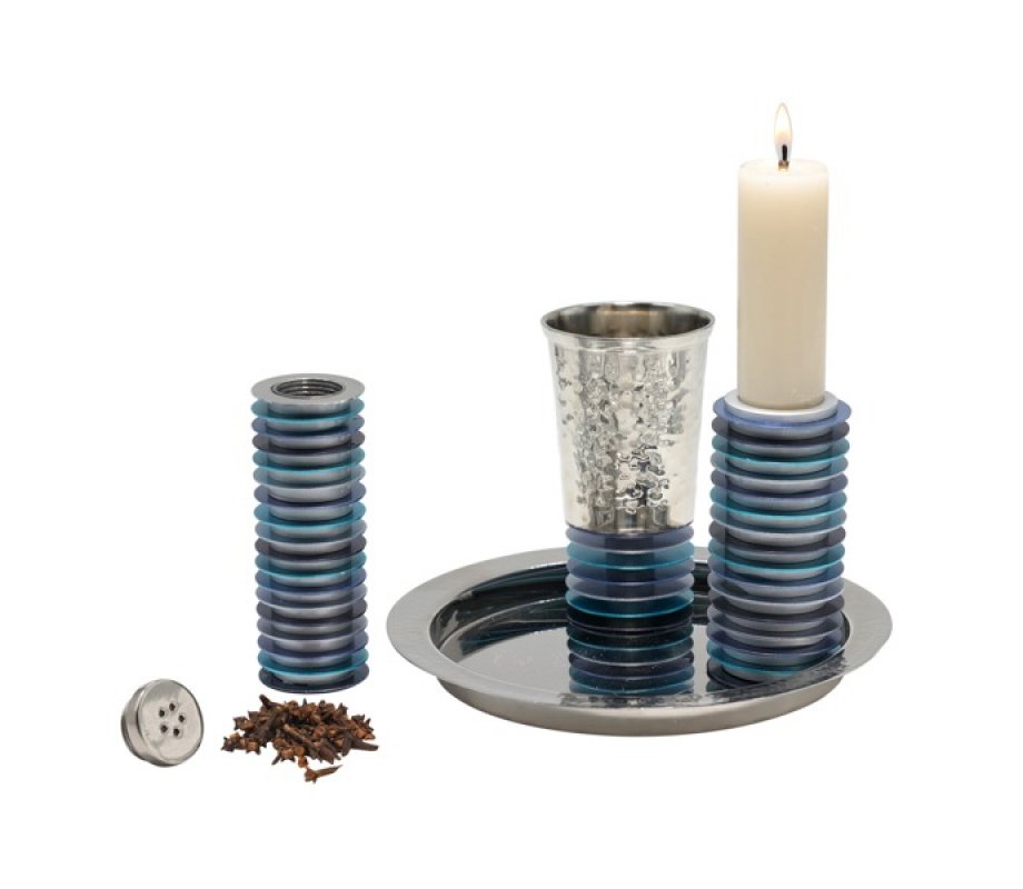 Yair Emanuel Contemporary 4-Piece Havdalah Set, Stacked Discs - Blue