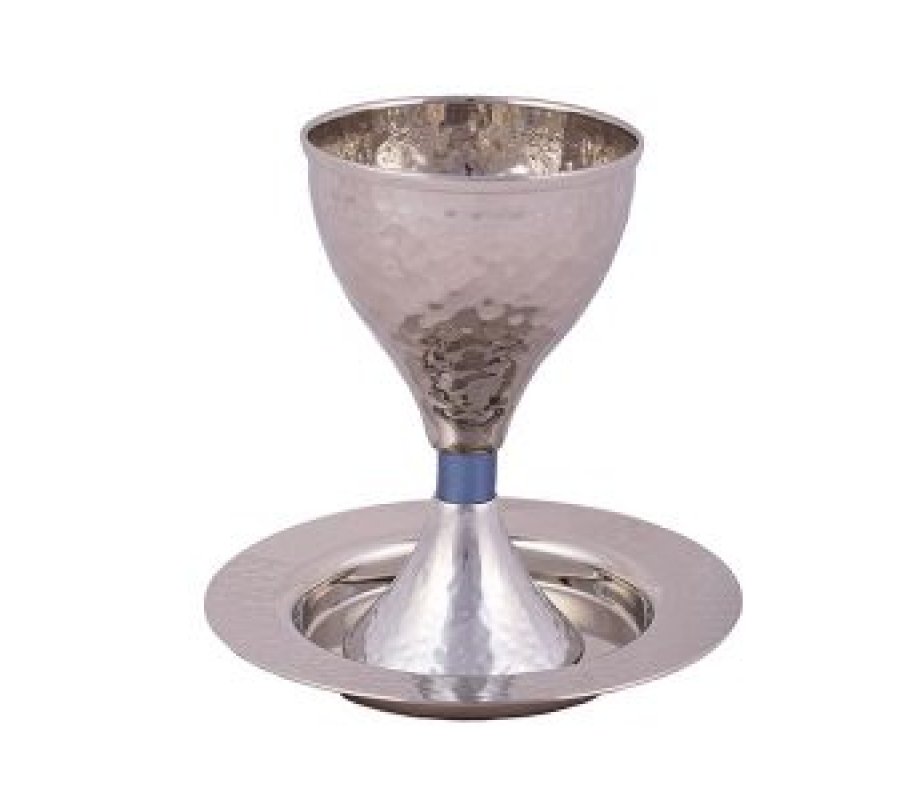Yair Emanuel Contemporary Hammered Metal Kiddush Cup Set – Blue Band