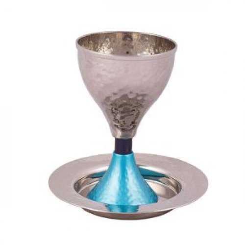 Yair Emanuel Contemporary Hammered Metal Kiddush Cup Set - Turquoise Band