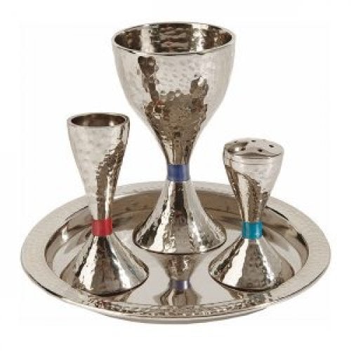 Yair Emanuel Contemporary Style Havdalah Set, Hammered Nickel - Colored Bands