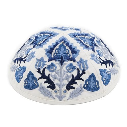 Yair Emanuel Cotton Poly Kippah with Embroidered Oriental Nature Design  Blue