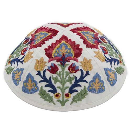 Yair Emanuel Cotton Poly Kippah with Embroidered Oriental Nature Motif  Colorful