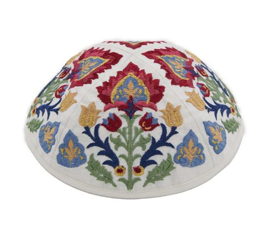 Yair Emanuel Cotton Poly Kippah with Embroidered Oriental Nature Motif – Colorful