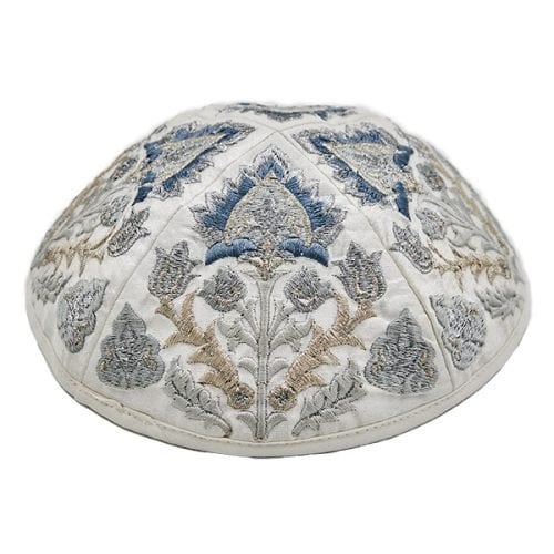 Yair Emanuel Cotton Poly Kippah with Embroidered Oriental Nature Motif  Silver