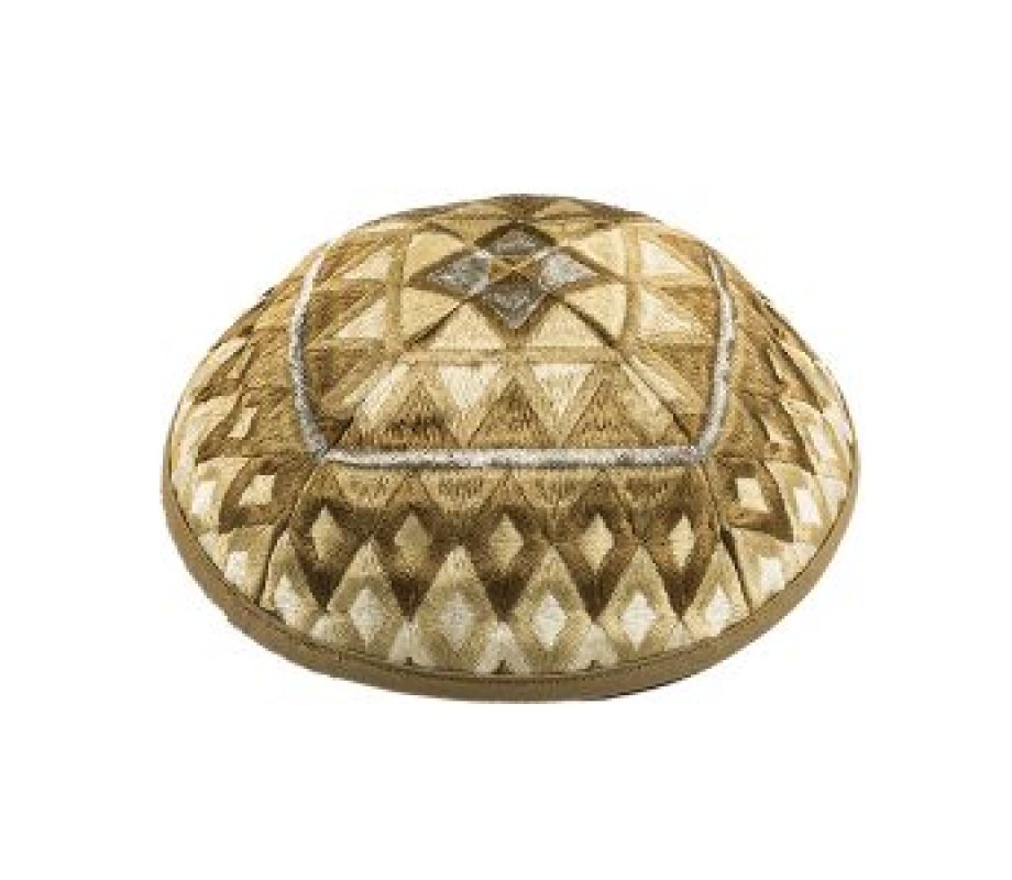 Yair Emanuel, Cotton Poly Kippah with Silk Embroidered Geometrical Shapes – Gold