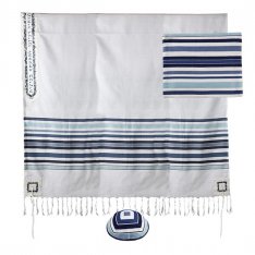 Yair Emanuel Cotton Tallit Set - Blue Stripes and Jerusalem Atarah Neckpiece