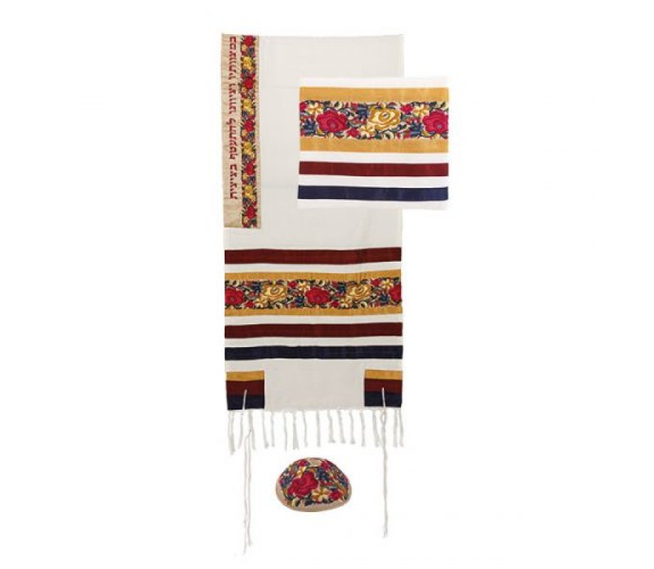 Yair Emanuel Cotton Tallit Set with Applique - Colorful Flowers