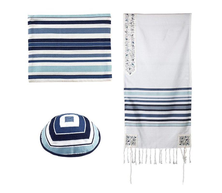 Yair Emanuel Cotton Tallit Set with Applique - Shades of Blue Stripes and Flowers