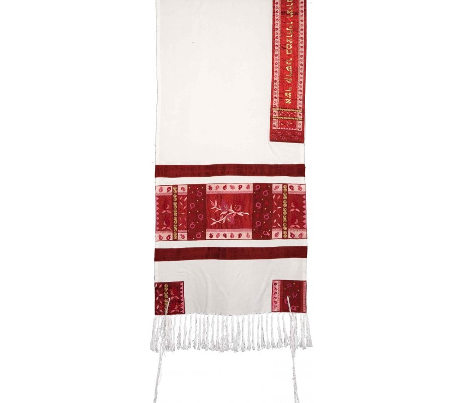 Yair Emanuel Cotton and Embroidered Silk Tallit Set, Pomegranates - Red
