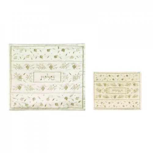Yair Emanuel Cream Embroidered Tallit & Tefillin Bag Set - Silver Pomegranates