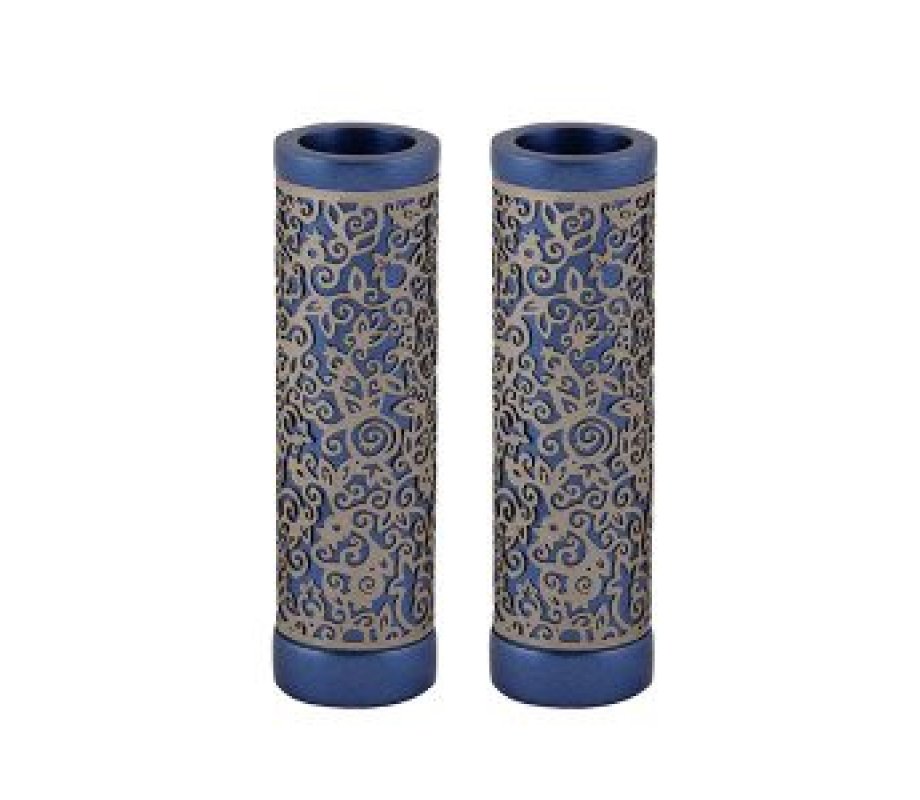 Yair Emanuel Cylinder Candlesticks, Floral Pomegranate Overlay - Blue