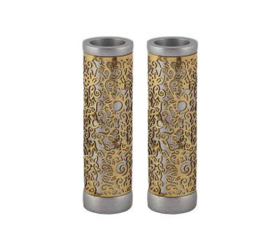 Yair Emanuel Cylinder Candlesticks, Floral Pomegranate Overlay - Brass