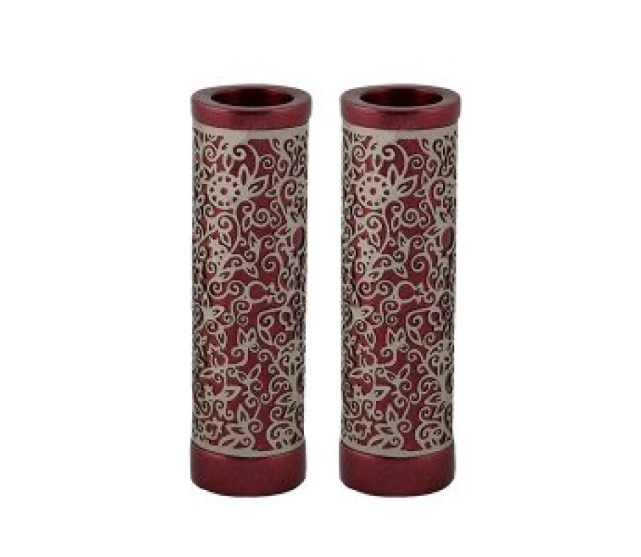 Yair Emanuel Cylinder Candlesticks, Floral Pomegranate Overlay - Maroon