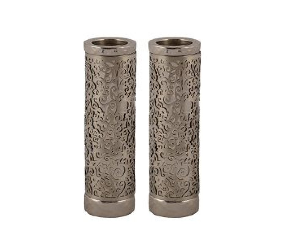Yair Emanuel Cylinder Candlesticks, Floral Pomegranate Overlay - Silver