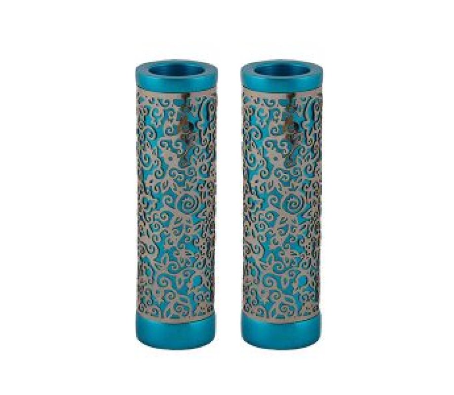 Yair Emanuel Cylinder Candlesticks, Floral Pomegranate Overlay - Turquoise