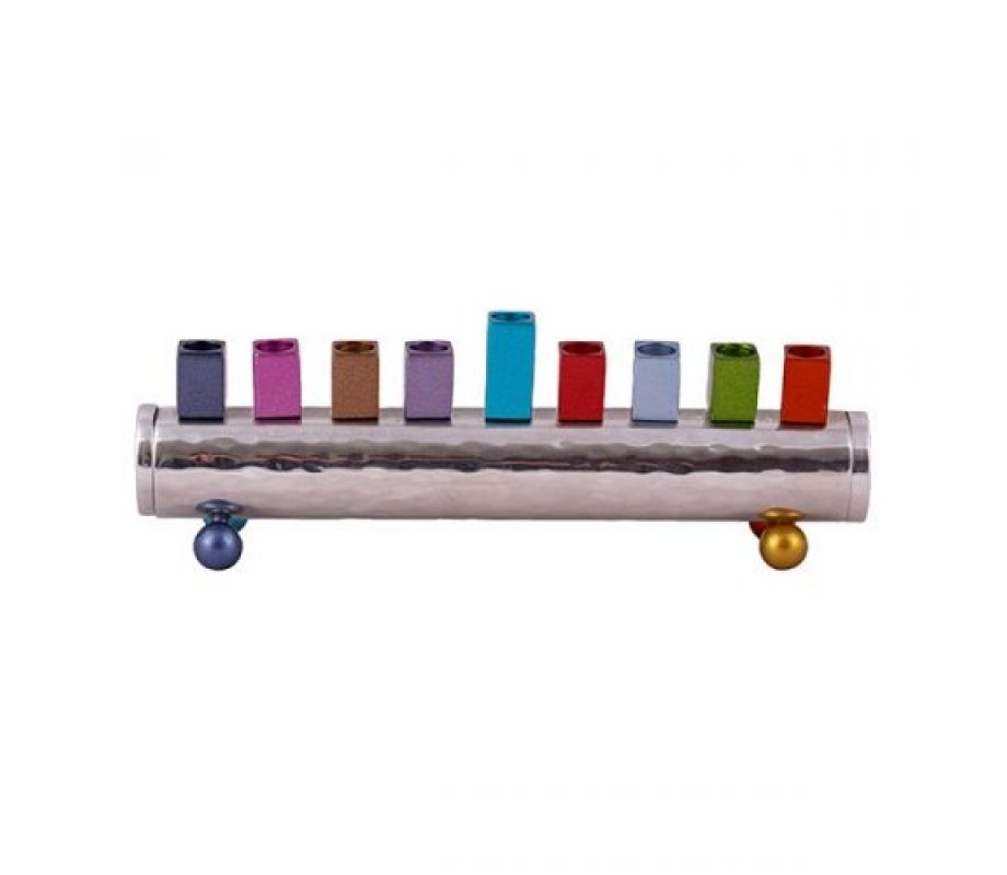 Yair Emanuel Cylinder Chanukah Menorah, Hammered Aluminum - Multicolor