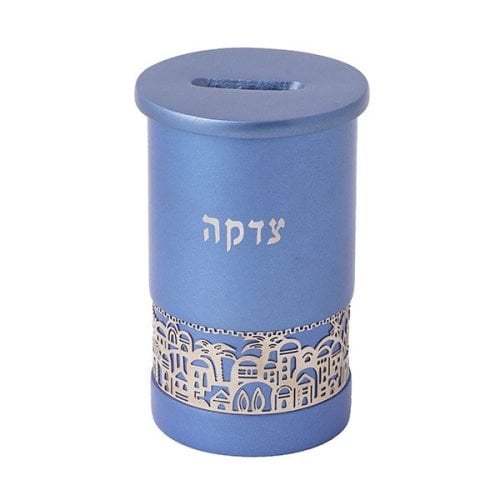 Yair Emanuel Cylinder Charity Tzedakah Box, Cutout Jerusalem Images - Blue