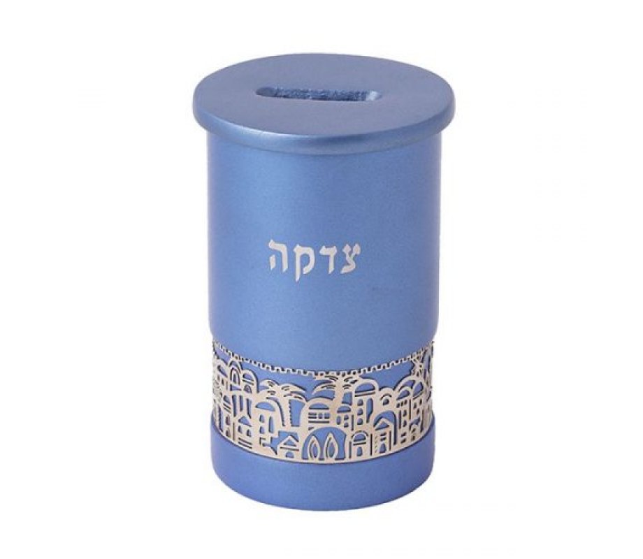 Yair Emanuel Cylinder Charity Tzedakah Box, Cutout Jerusalem Images - Blue