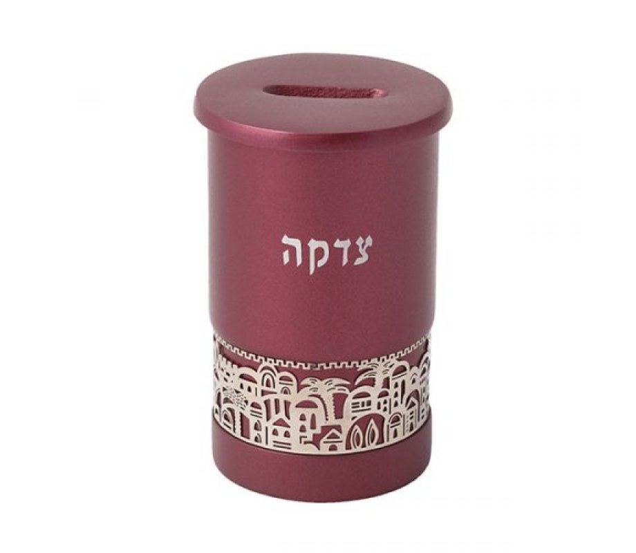 Yair Emanuel Cylinder Charity Tzedakah Box, Cutout Jerusalem Images - Maroon