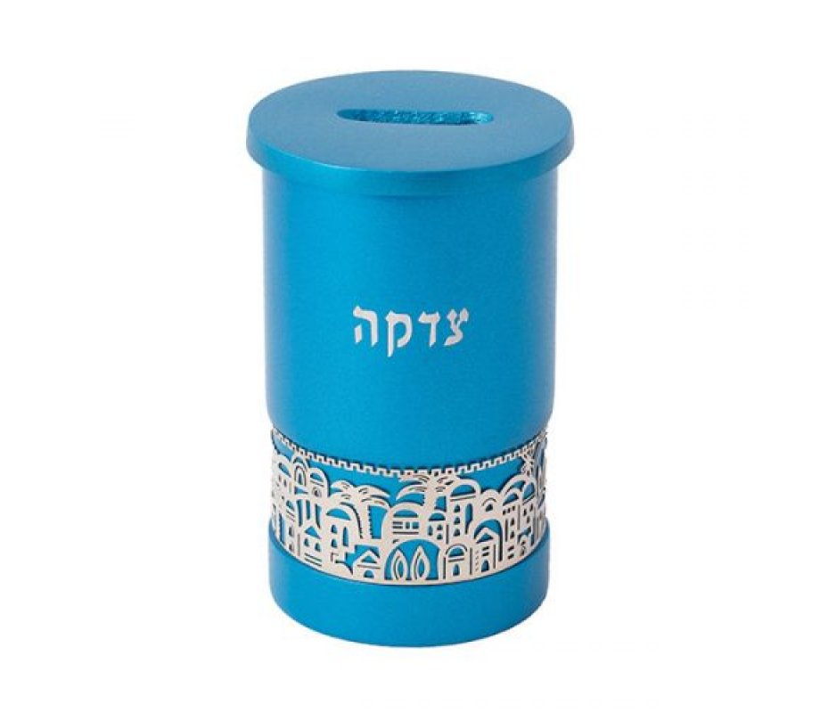Yair Emanuel Cylinder Charity Tzedakah Box, Cutout Jerusalem Images - Turquoise