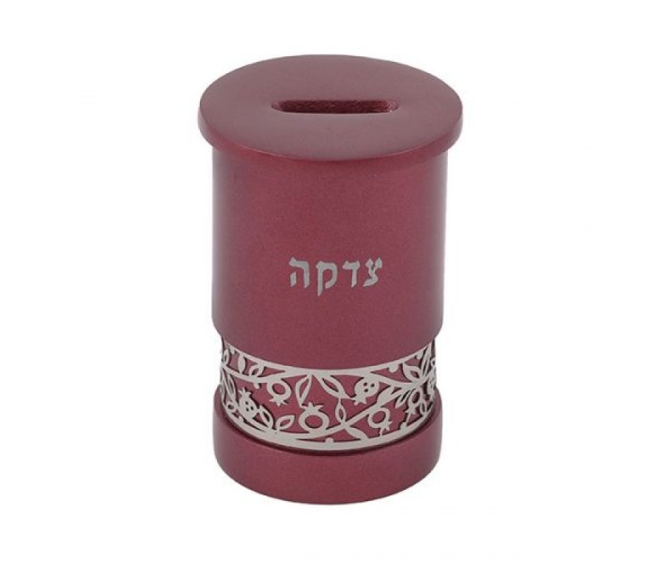 Yair Emanuel Cylinder Charity Tzedakah Box, Cutout Pomegranates - Maroon