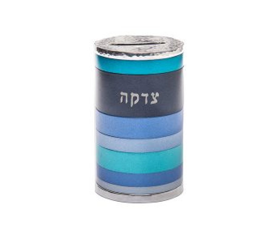 Yair Emanuel Cylinder Charity Tzedakah Box, Horizontal Bands - Blue