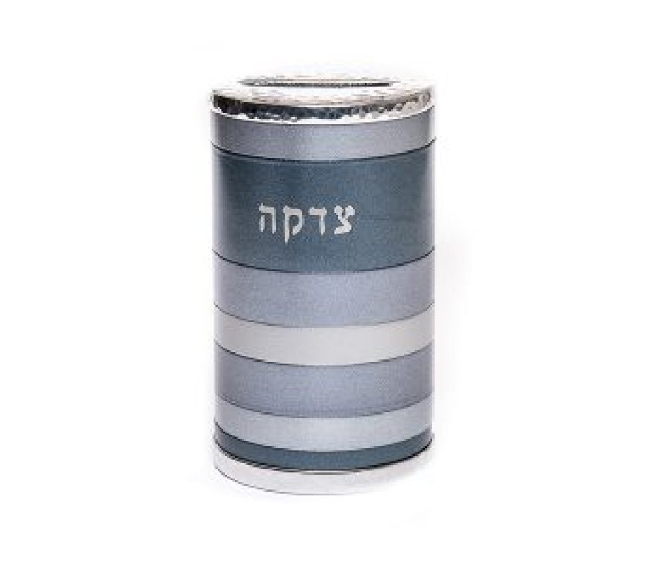 Yair Emanuel Cylinder Charity Tzedakah Box, Horizontal Bands - Gray