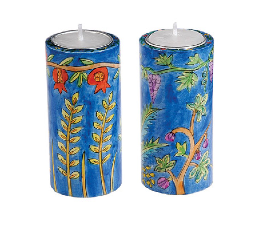Yair Emanuel Cylinder Hand Painted Wood Shabbat Candlesticks - Seven Species